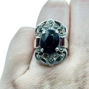Vintage Sterling Silver Garnet Marcasite Ring Size 6 Statement Unique